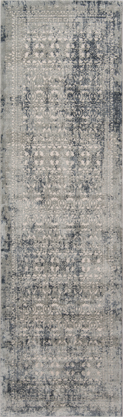 Blue-gray distressed oriental runner rug with faded ornate medallion pattern and woven texture.