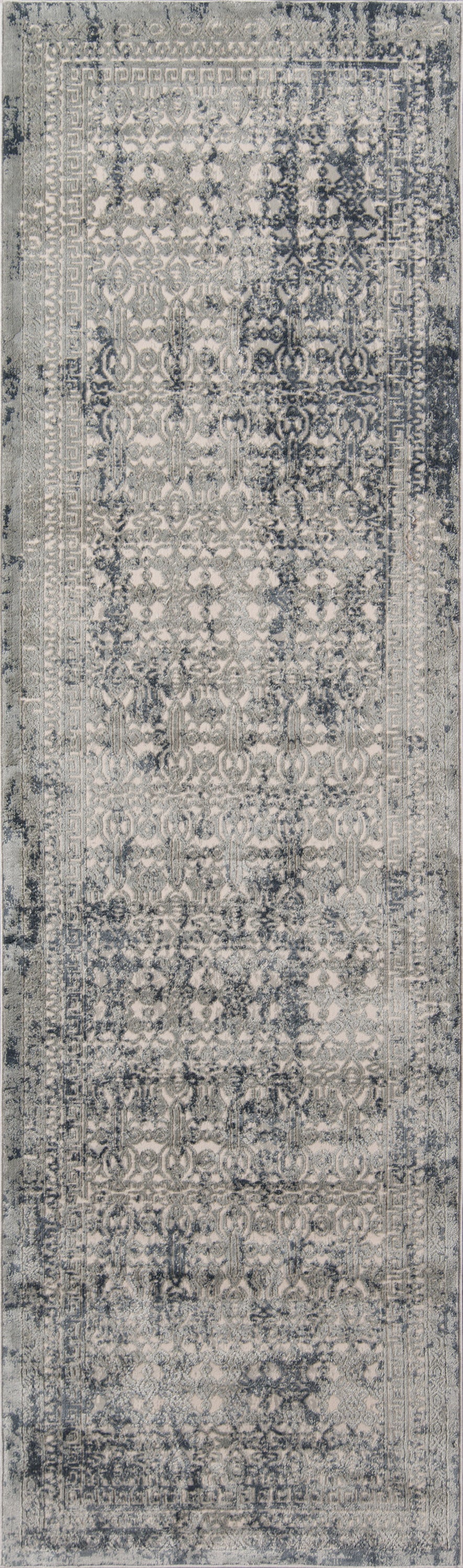Rectangular distressed gray and ivory oriental rug with a faded medallion pattern for living room decor.