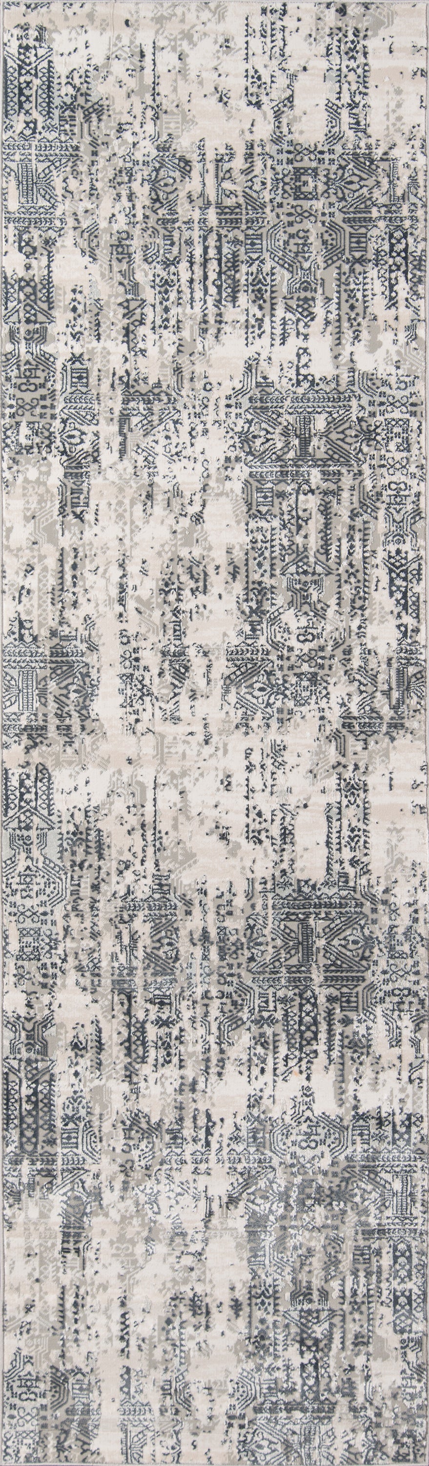 Rectangular gray and ivory distressed abstract rug; modern neutral runner rug for living room or hallway.