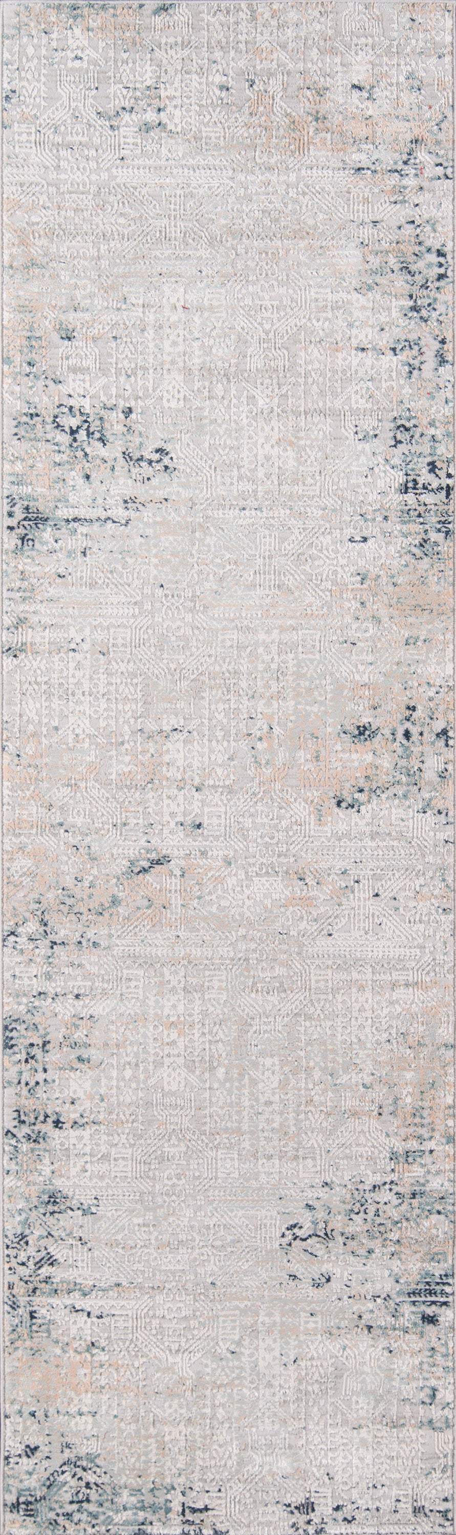 Rectangular cream distressed rug, 4' x 6', with blue-gray faded edges and a vintage-inspired, woven texture suitable for hallways.
