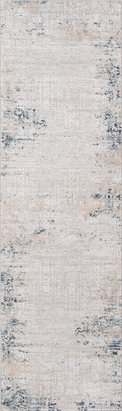 Rectangular cream distressed rug, 4' x 6', with blue-gray faded edges and a vintage-inspired, woven texture suitable for hallways.