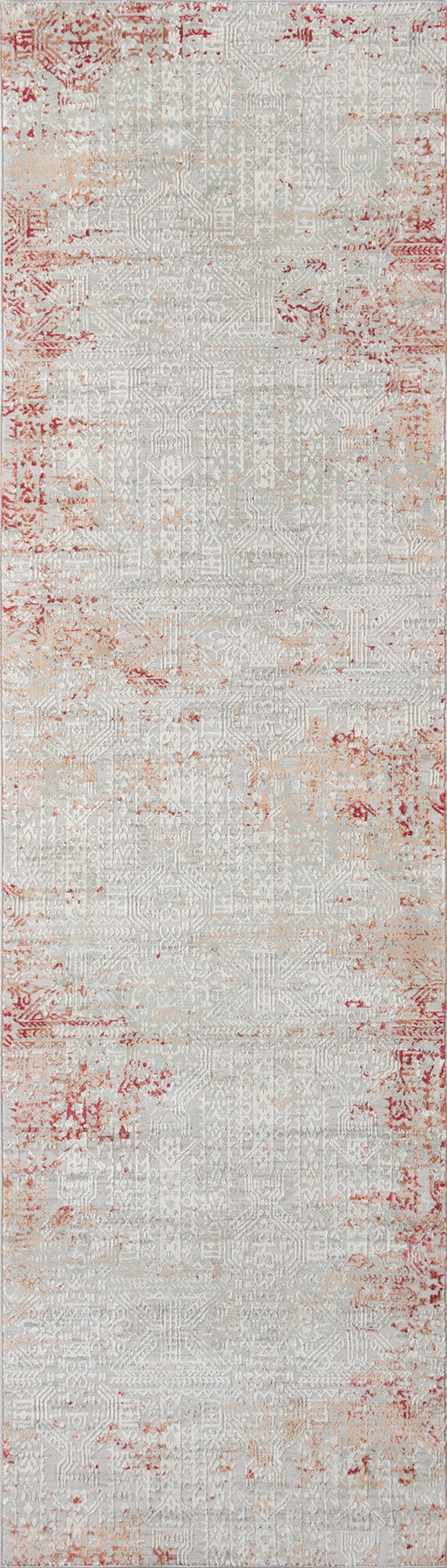 Cream-colored distressed rug with rust-red faded pattern and woven texture.