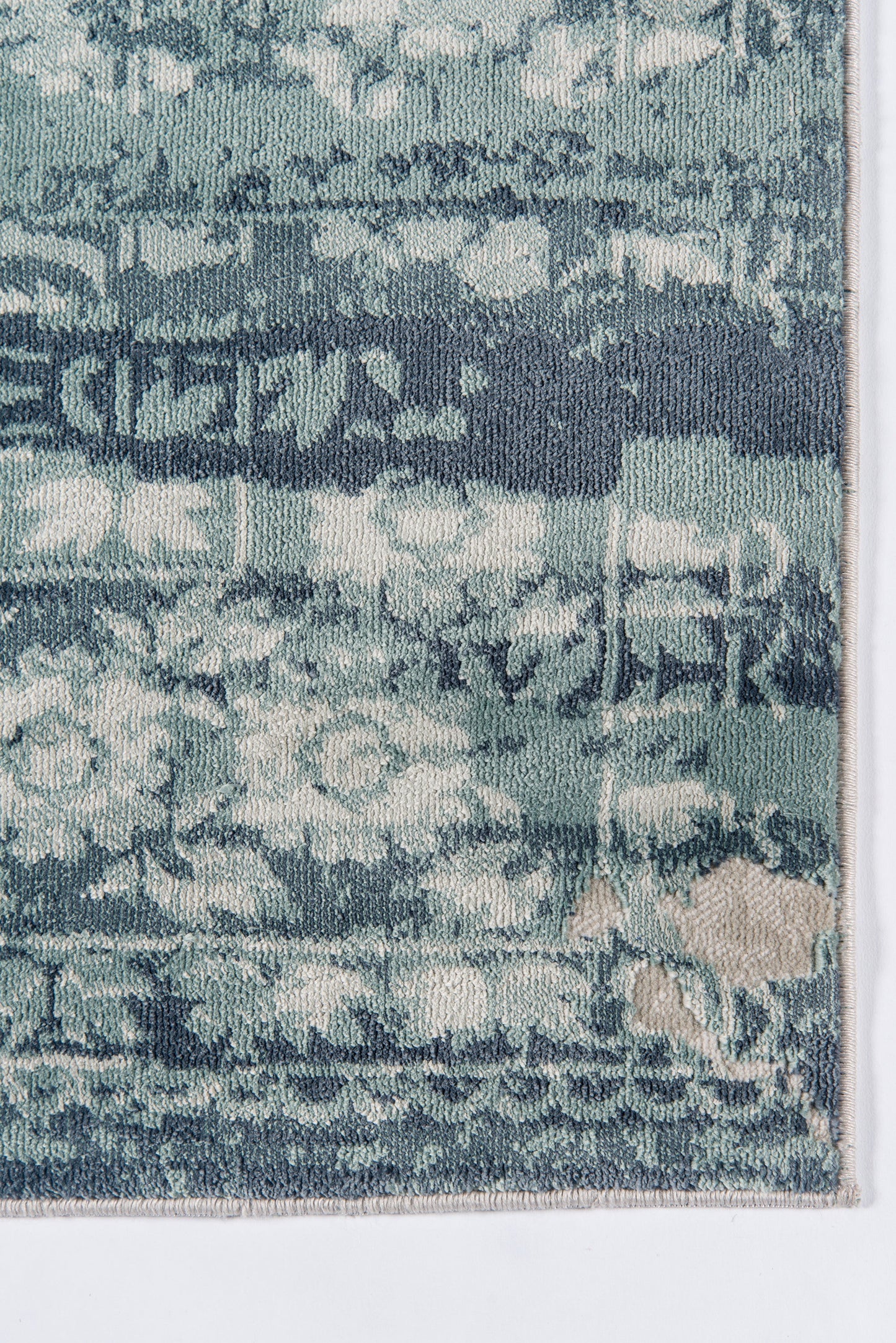 Distressed blue Oriental runner (2' x 8') with teal and navy hues, faded floral motifs and light beige fringe edge