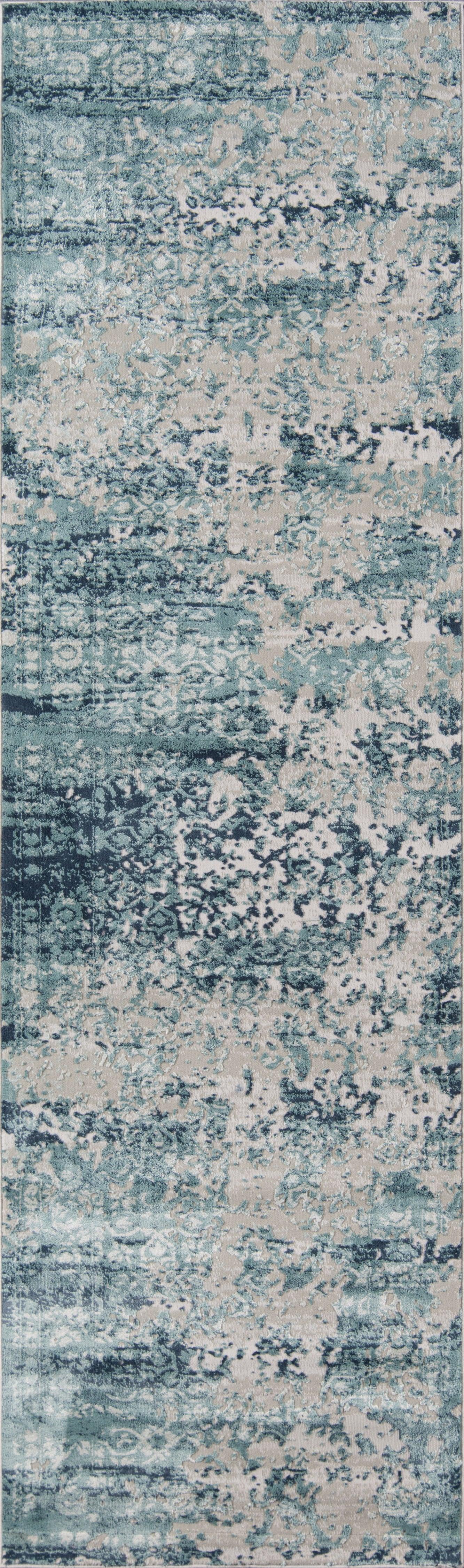 Blue distressed vintage runner rug with ivory accents & ornate border, 2' x 8'.