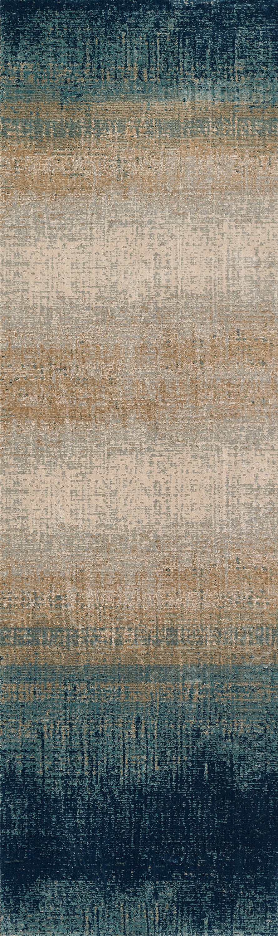 Rectangular gradient rug with deep teal edges fading to beige center, distressed vintage texture.