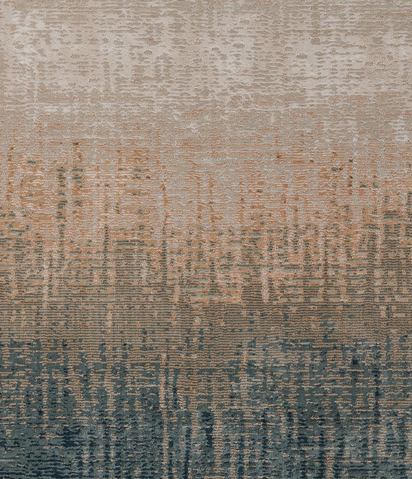 Gradient area rug with beige, peach & navy tones; abstract distressed geometric weave.