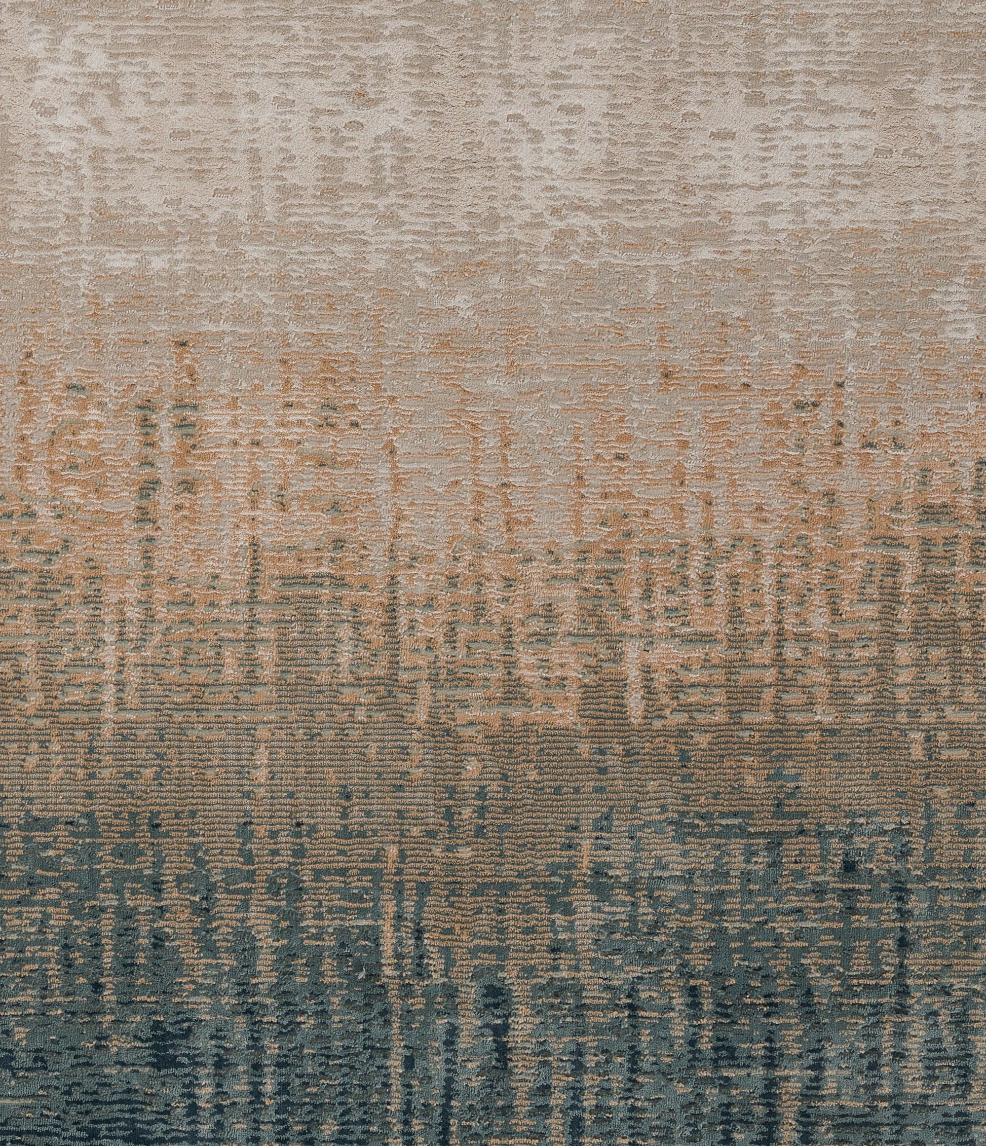 Gradient area rug with beige, peach & navy tones; abstract distressed geometric weave.