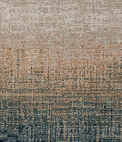 Gradient area rug with beige, peach & navy tones; abstract distressed geometric weave.