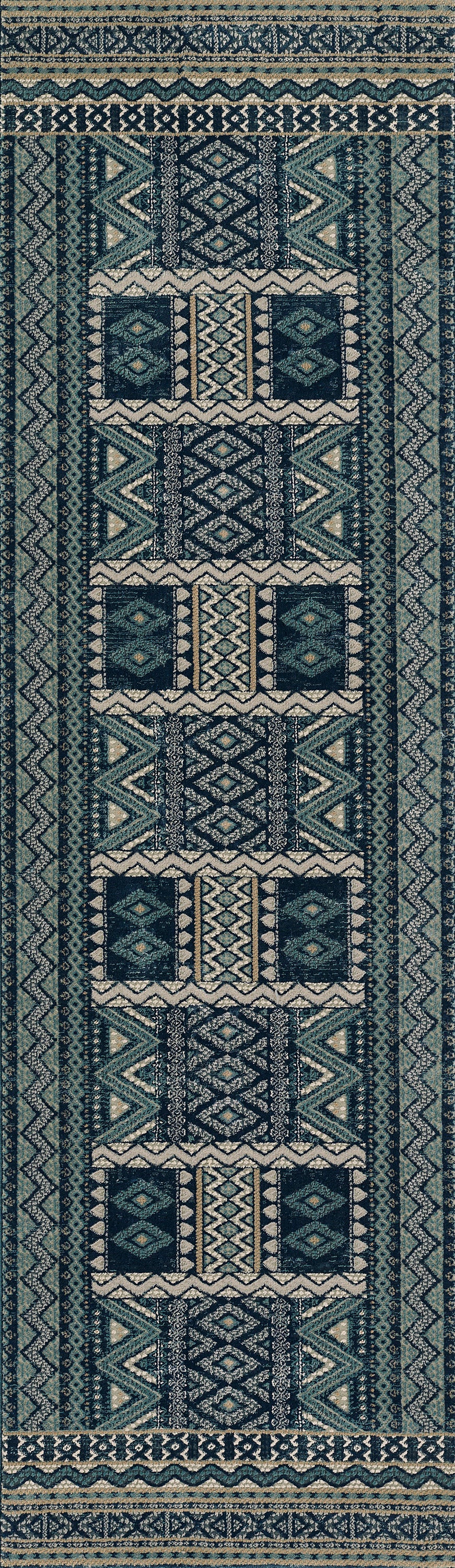 Woven kilim-style rug in teal, navy and ivory with stacked geometric diamonds and decorative border bands.