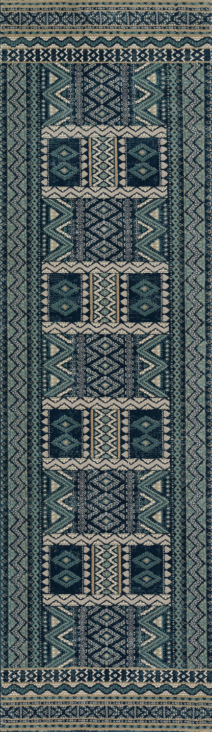 Woven kilim-style rug in teal, navy and ivory with stacked geometric diamonds and decorative border bands.
