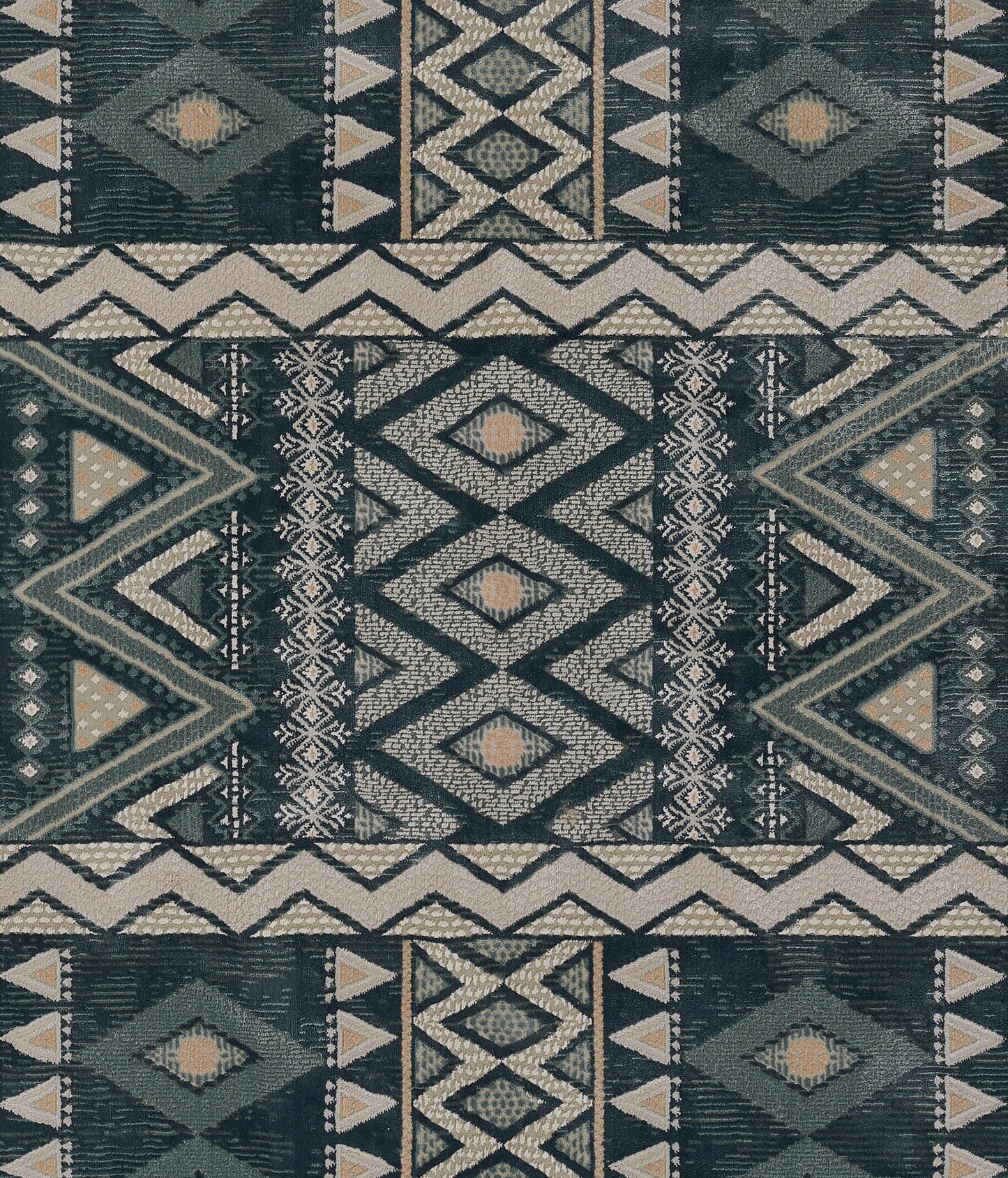 Kilim-style woven rug in navy, teal and cream with bold diamonds and chevrons, geometric tribal pattern.