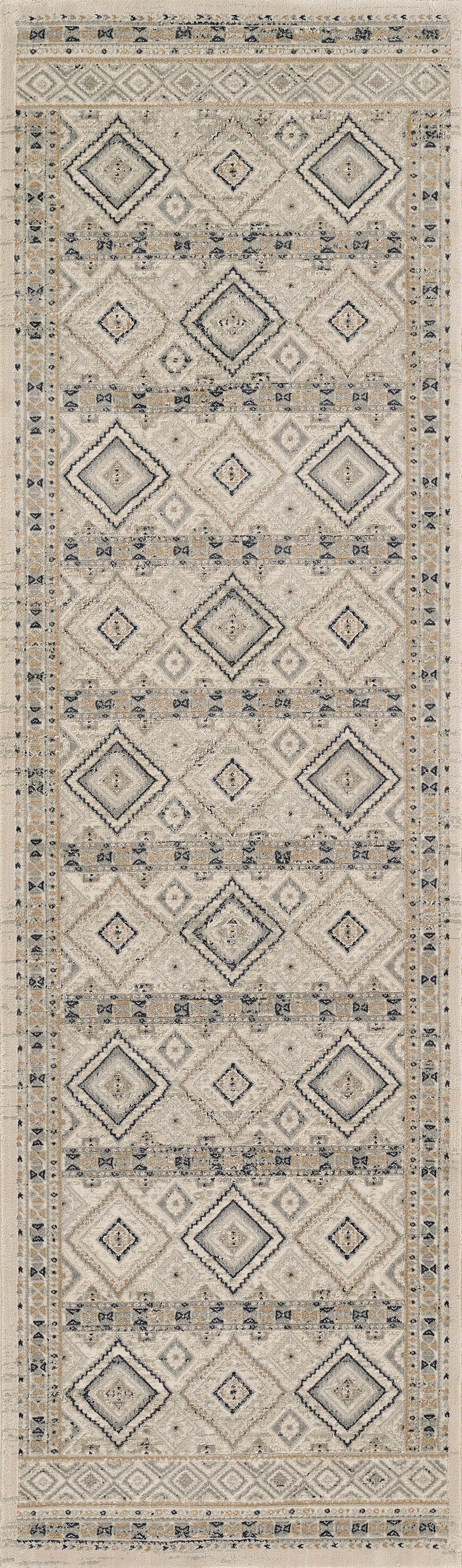 Ivory 2' x 3' rug with navy & gray diamond medallions and a geometric border; modern traditional style.
