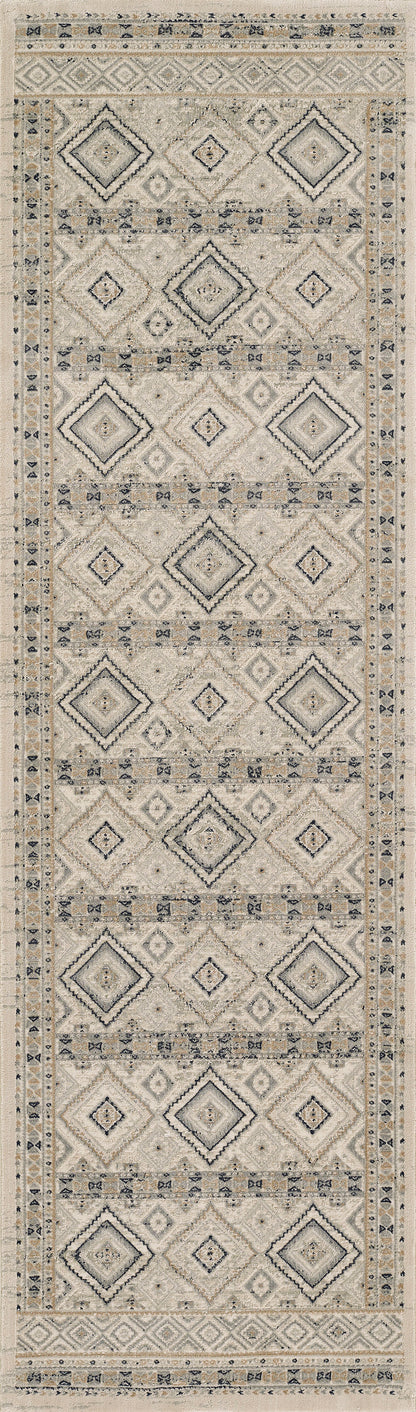 Ivory 2' x 3' rug with navy & gray diamond medallions and a geometric border; modern traditional style.