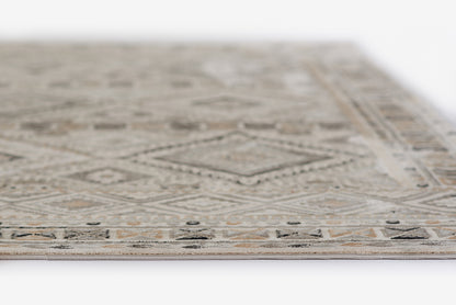 Ivory geometric rug with diamond motifs and bordered pattern in muted gray-beige tones; 2' x 3'; low-pile.