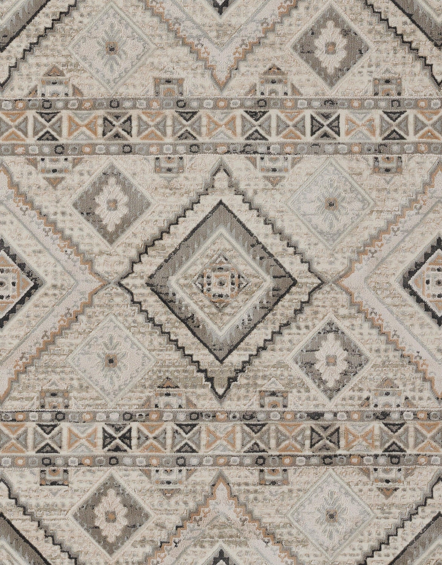 Geometric boho rug with diamond motifs in ivory, gray, beige and taupe; woven kilim-style rug.