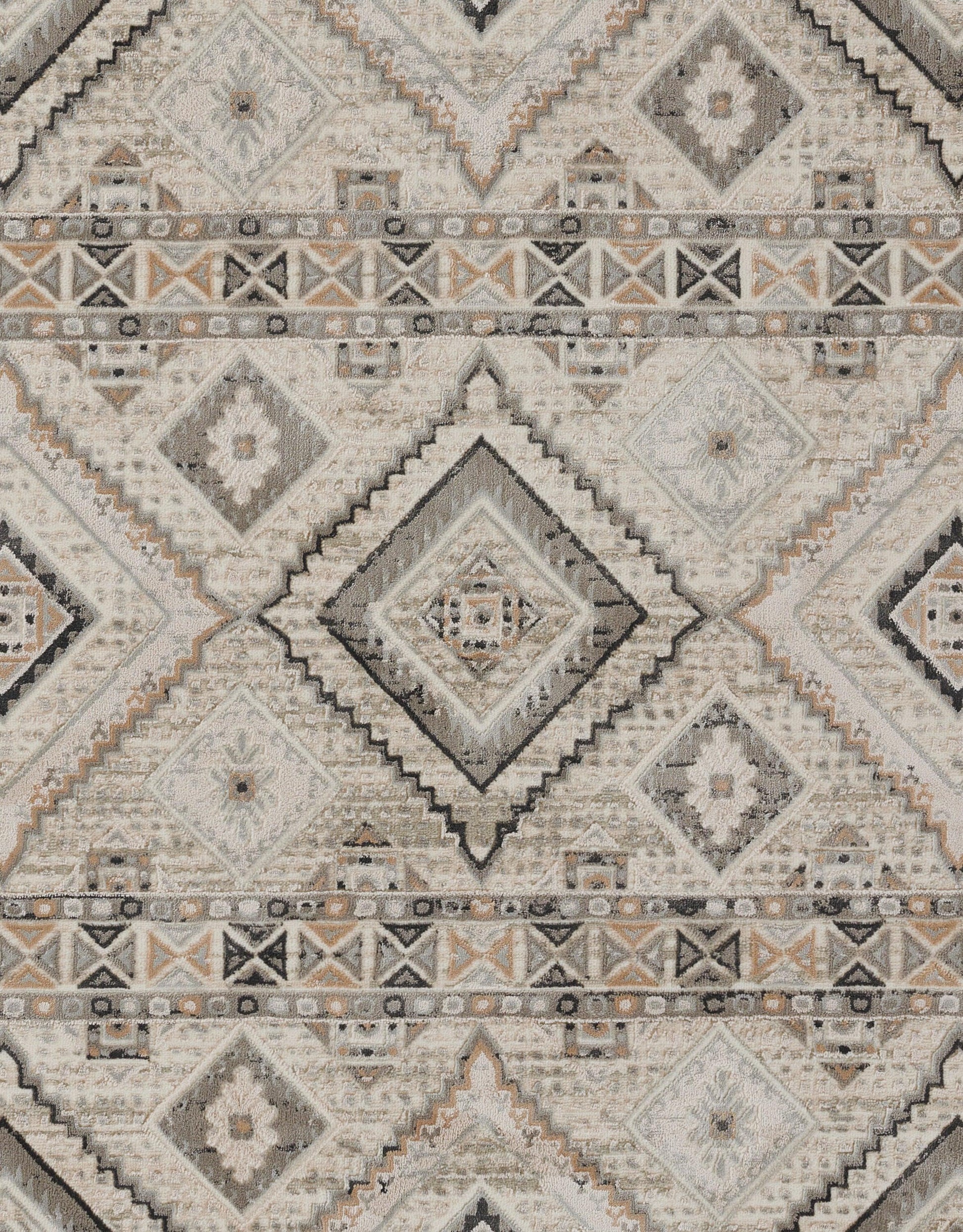 Geometric boho rug with diamond motifs in ivory, gray, beige and taupe; woven kilim-style rug.