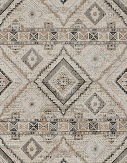 Geometric boho rug with diamond motifs in ivory, gray, beige and taupe; woven kilim-style rug.