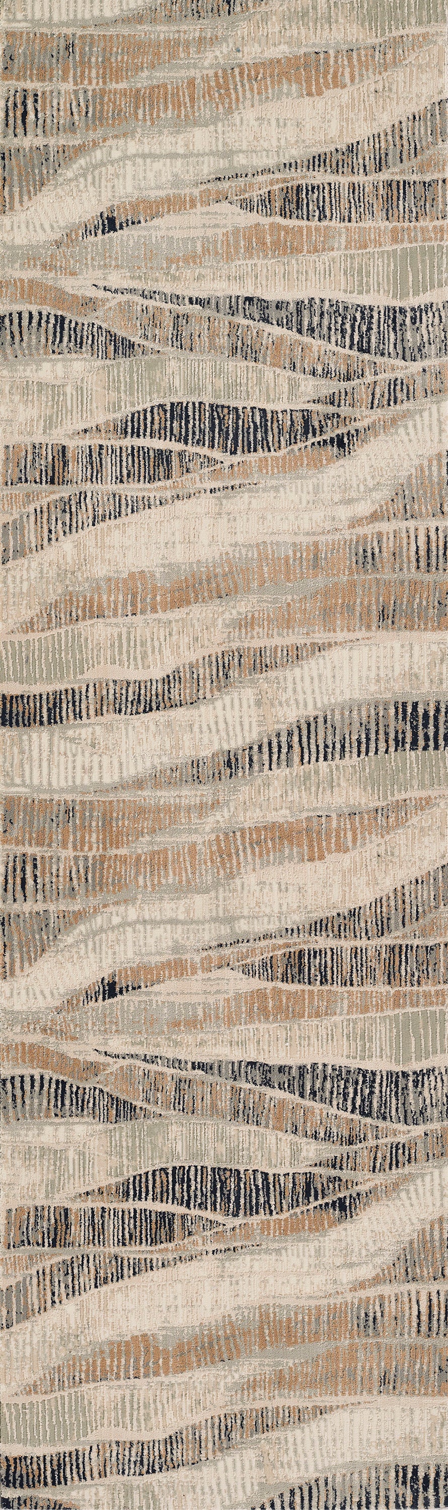 Woven rug with cream-beige wavy bands on gray-blue background; rustic striped pattern (2' x 3').