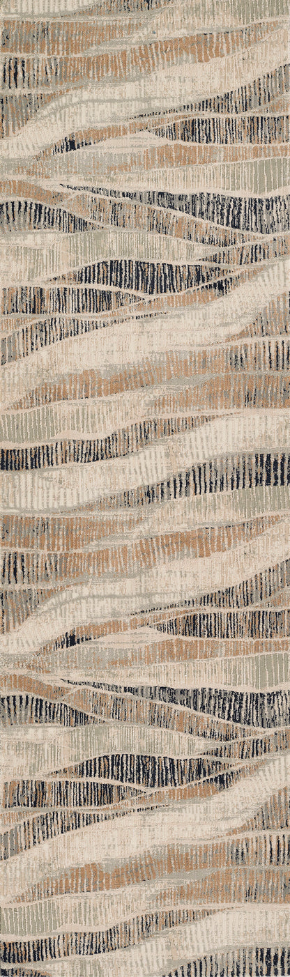 Woven rug with cream-beige wavy bands on gray-blue background; rustic striped pattern (2' x 3').