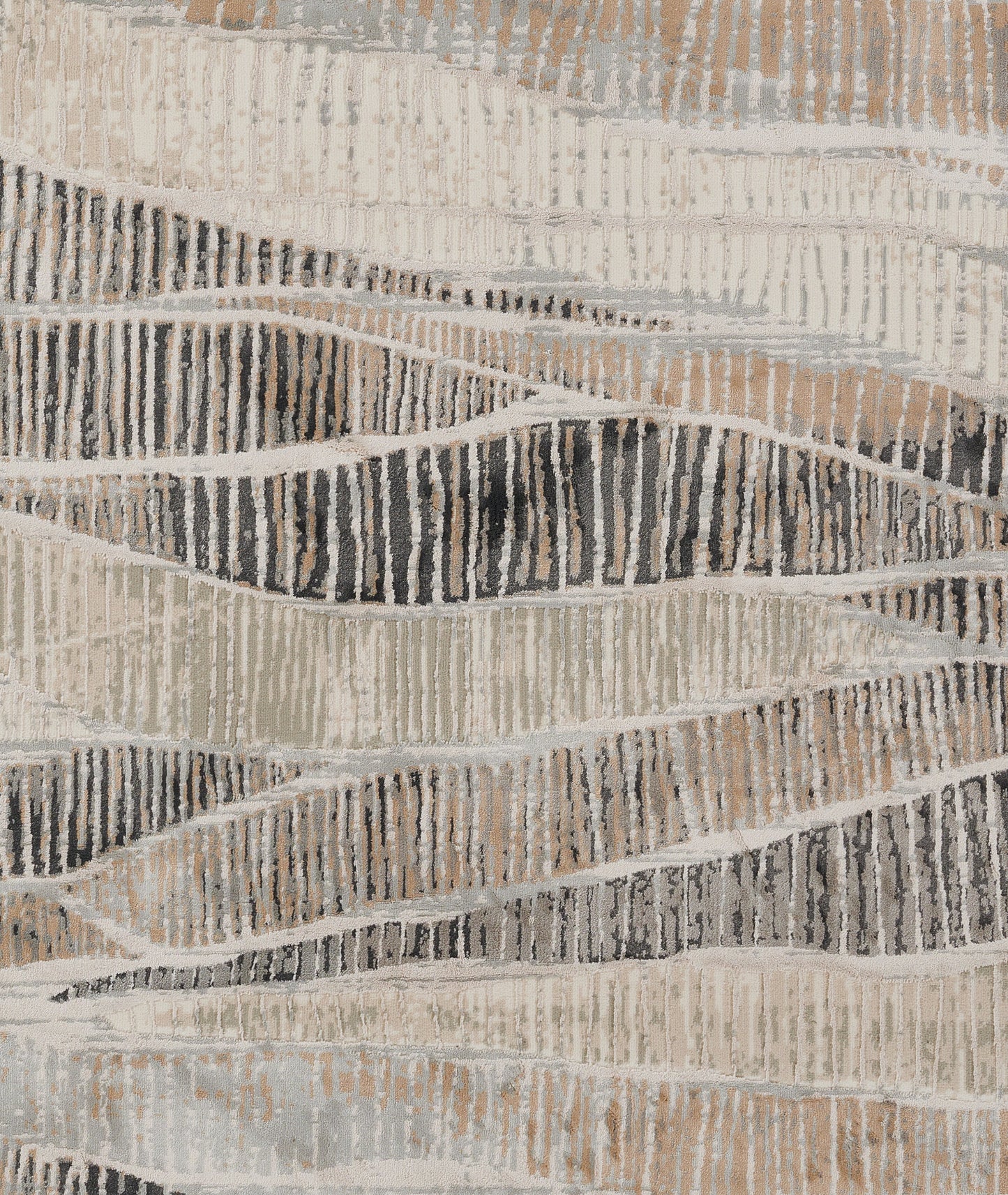 Abstract woven rug with gray, cream and taupe wavy bands and textured stripes.