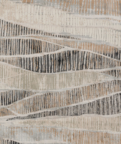 Abstract woven rug with gray, cream and taupe wavy bands and textured stripes.