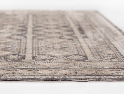 Neutral beige and gray oriental rug with intricate Persian-style border and floral geometric pattern.