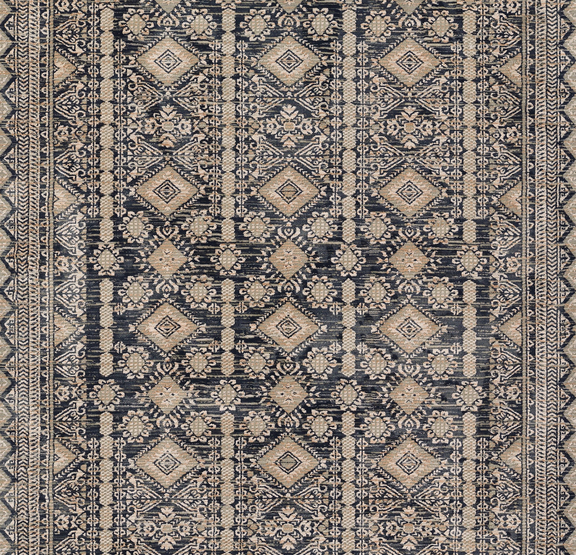 Navy and beige oriental rug with repeating geometric diamond medallions and floral motifs; dense woven pattern.