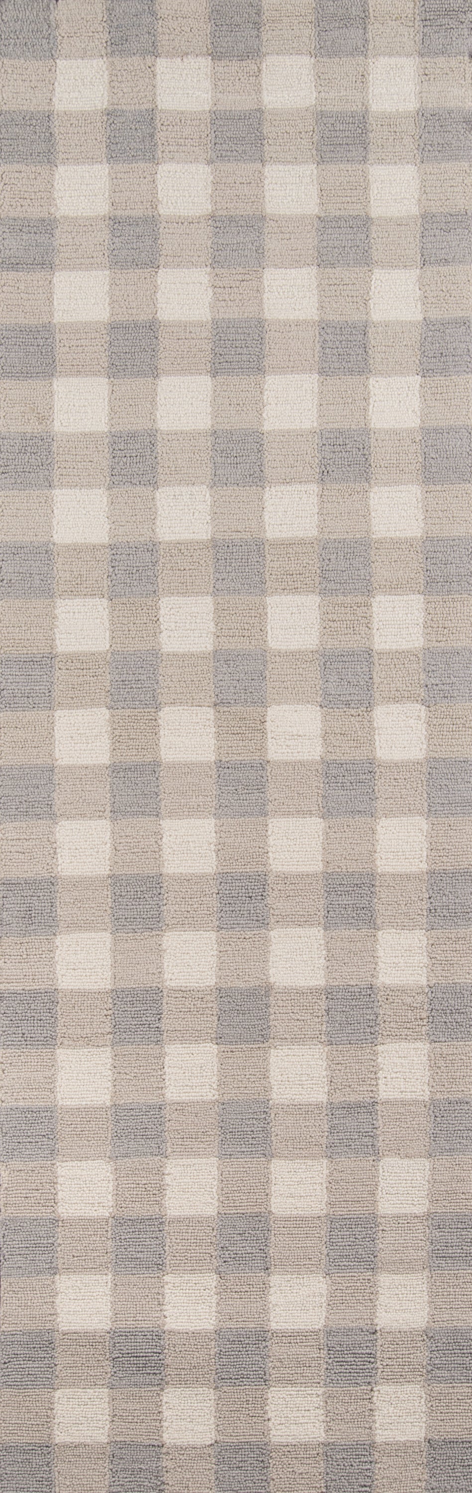 Gray and ivory gingham rug; woven pattern with alternating light squares, 4' x 6'.