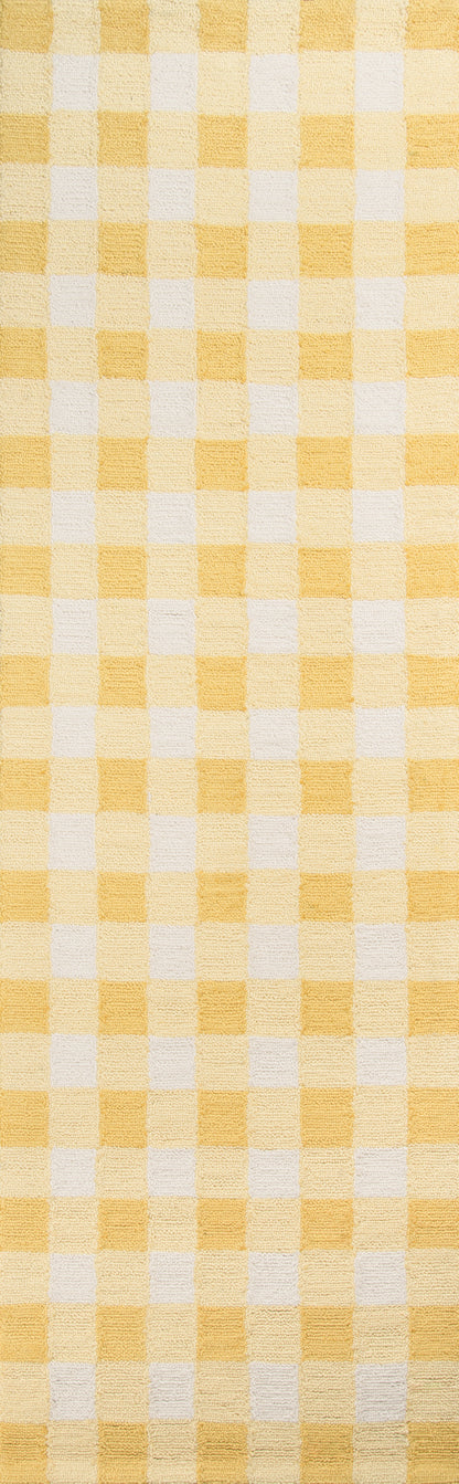 Yellow and white gingham check rug.