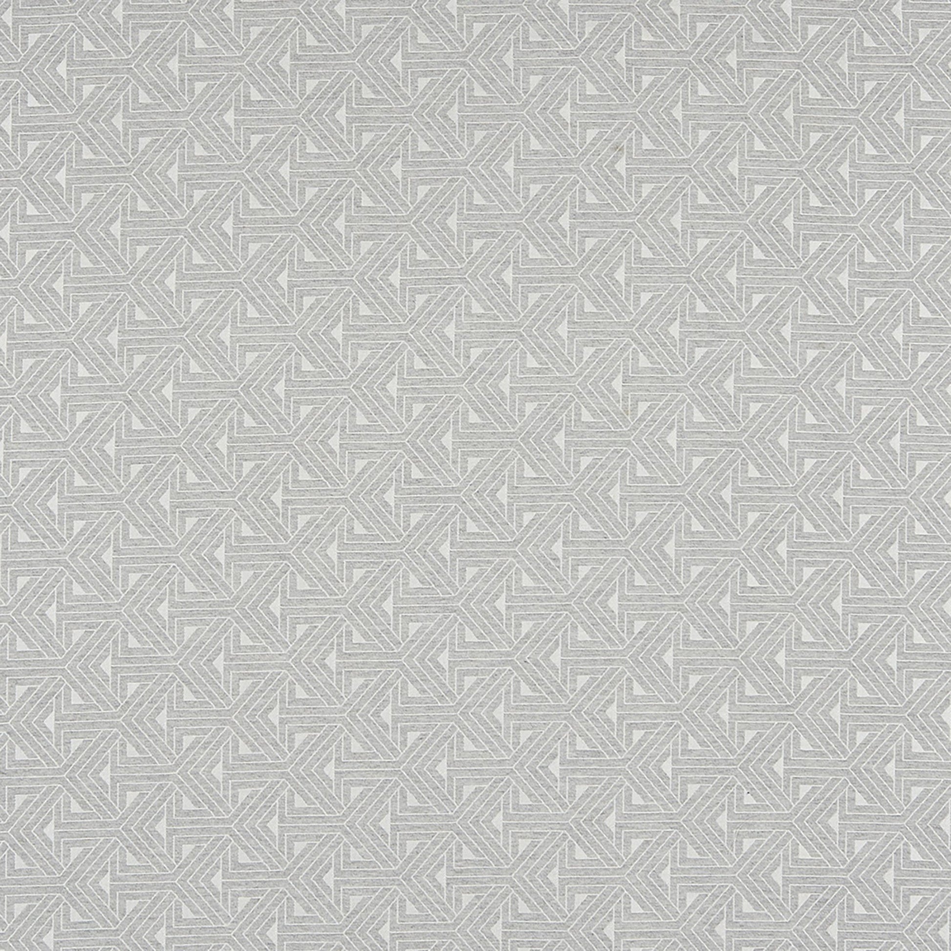 Light gray fabric with white geometric interlocking lattice pattern, modern textile for upholstery or wallpaper.