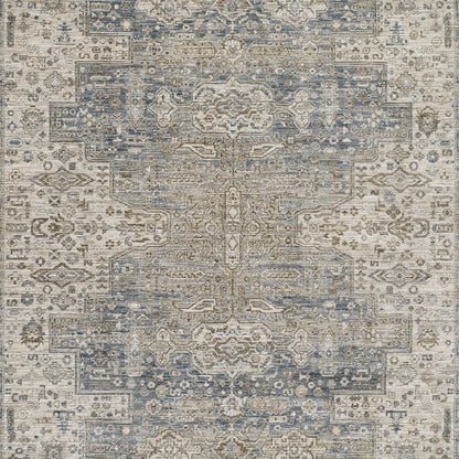 Blue-beige distressed oriental area rug with central medallion and floral motifs; vintage-inspired, machine-made.