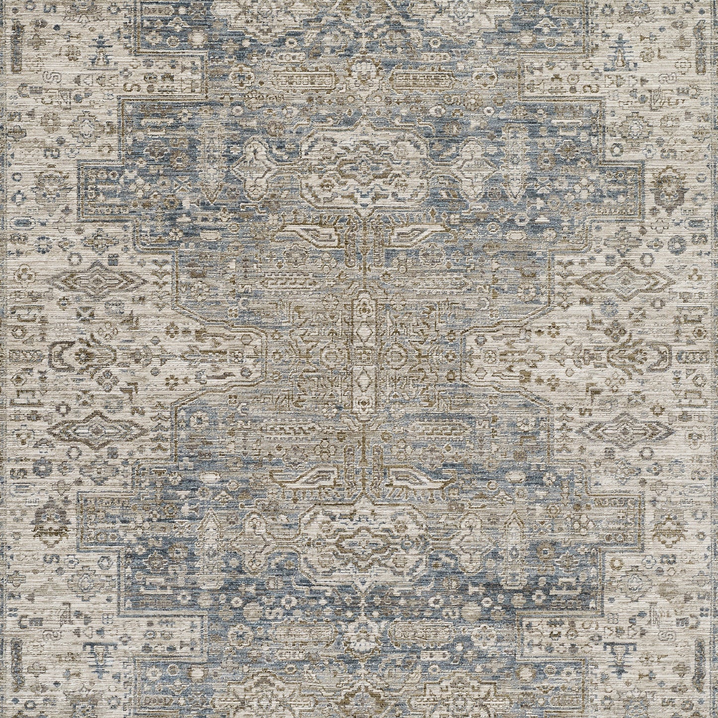 Blue-gray and beige distressed oriental rug with central medallion and geometric border, rectangular area rug.