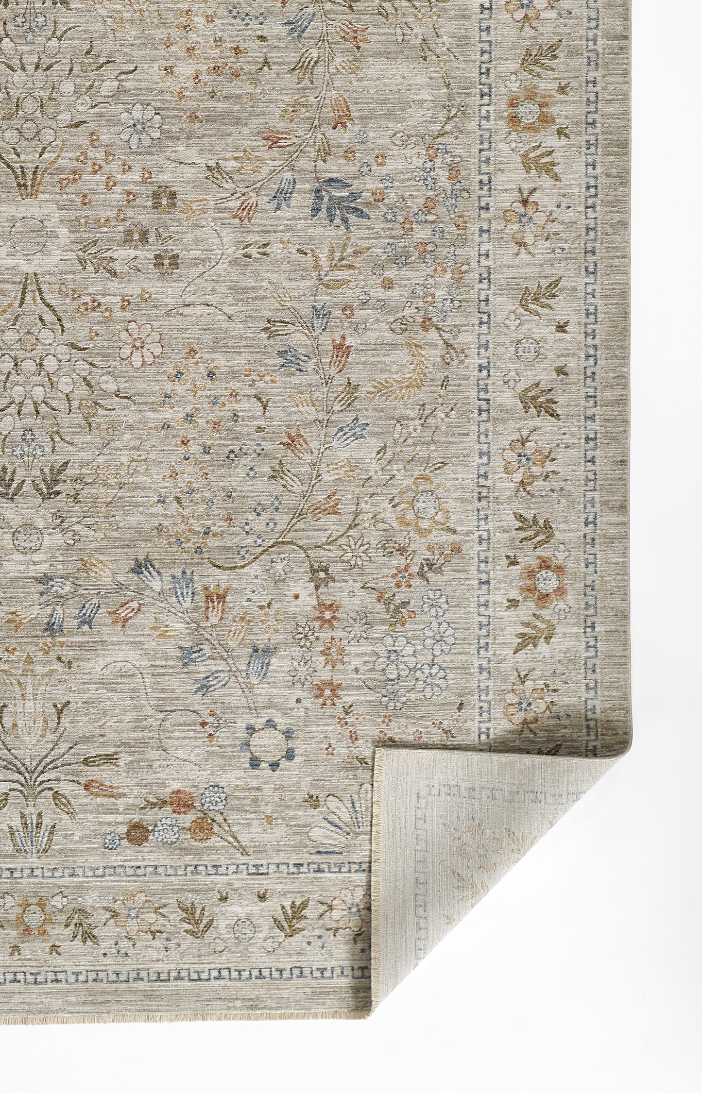 Light gray-beige vintage floral area rug with distressed look, blue & amber accents, decorative border.