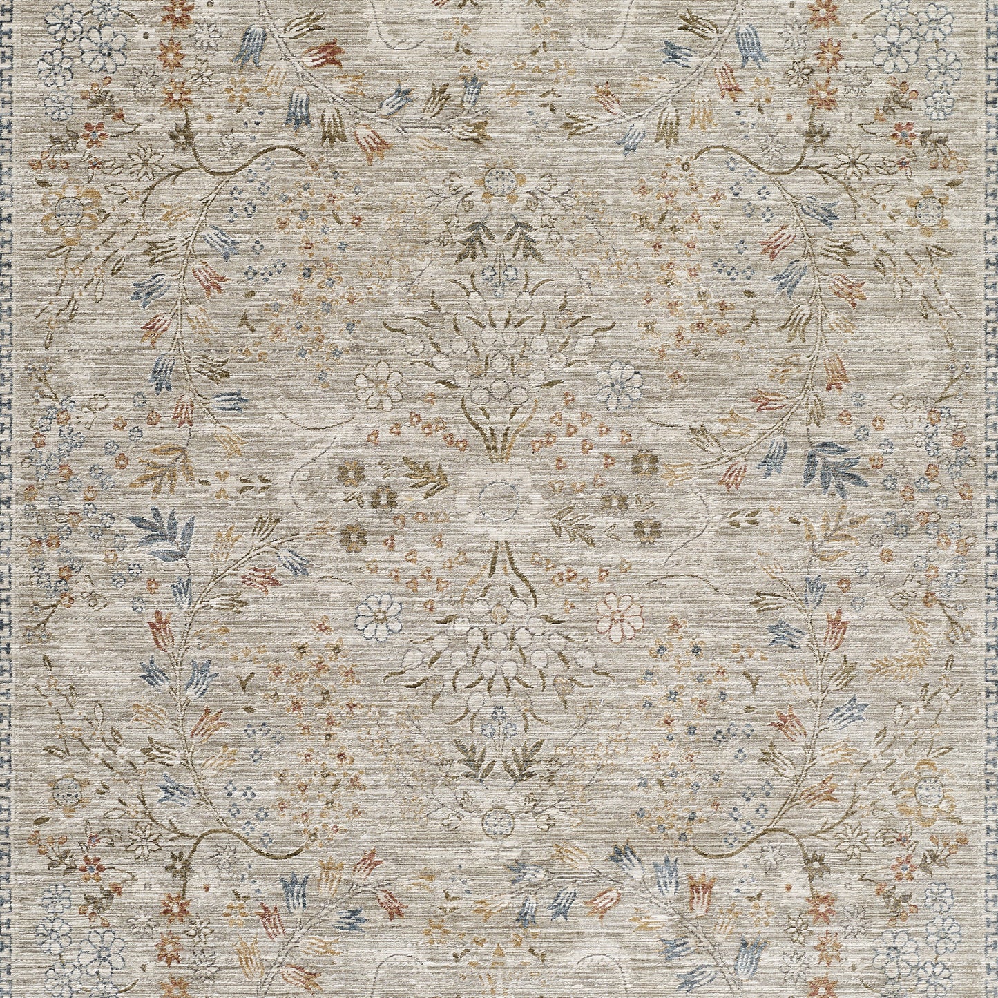 Beige Persian-style area rug with an intricate floral medallion pattern in ivory, blue, gold and gray.