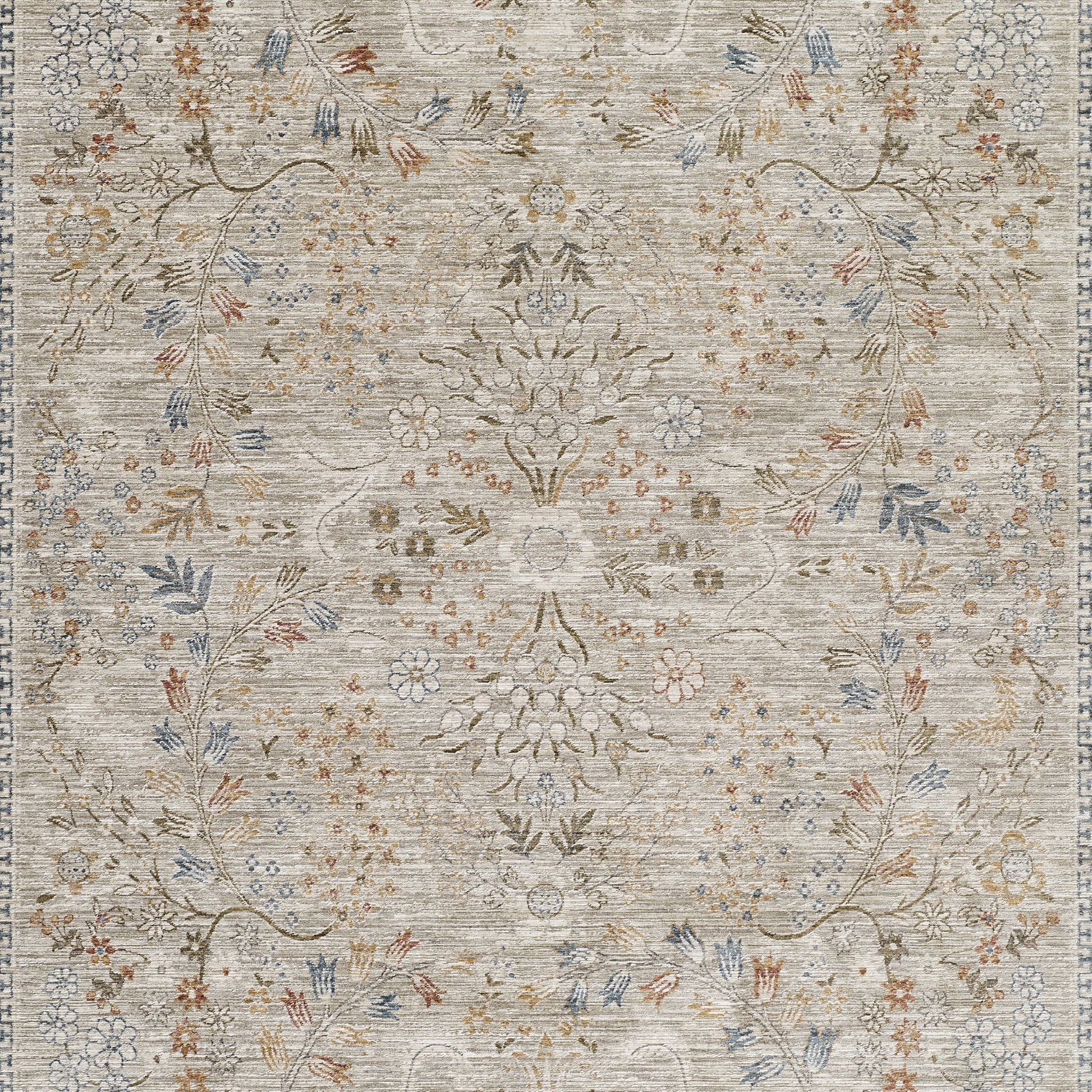 Beige Persian-style area rug with an intricate floral medallion pattern in ivory, blue, gold and gray.