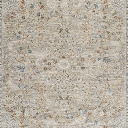 Beige Persian-style area rug with an intricate floral medallion pattern in ivory, blue, gold and gray.