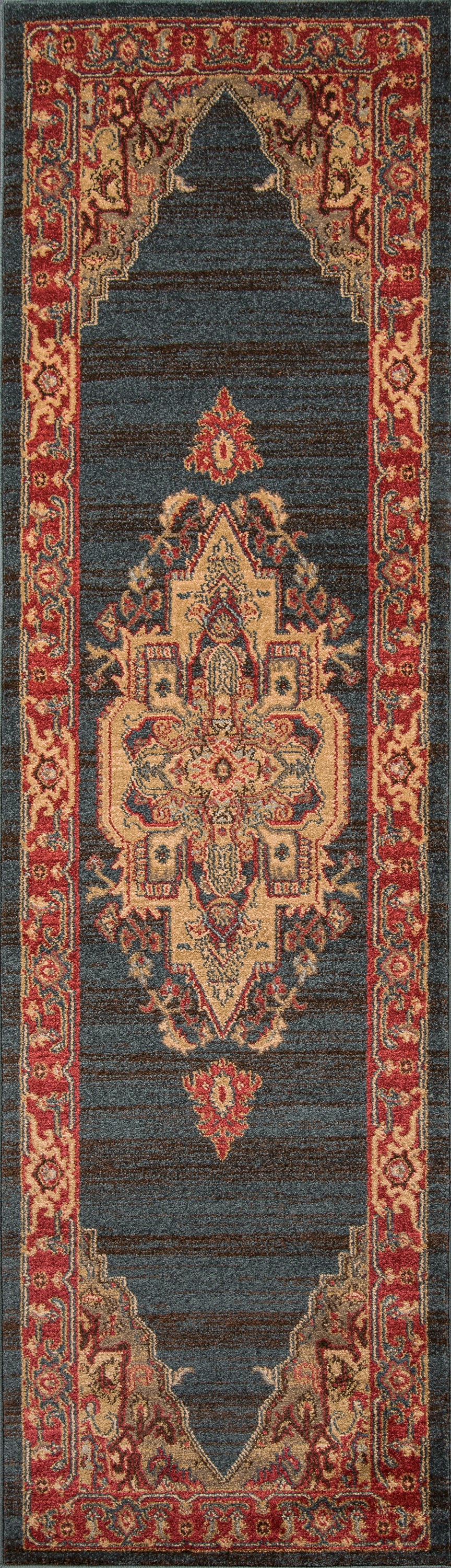 Persian-style rug with a navy field, central ivory-gold medallion, and red-gold border, 9' x 13'.