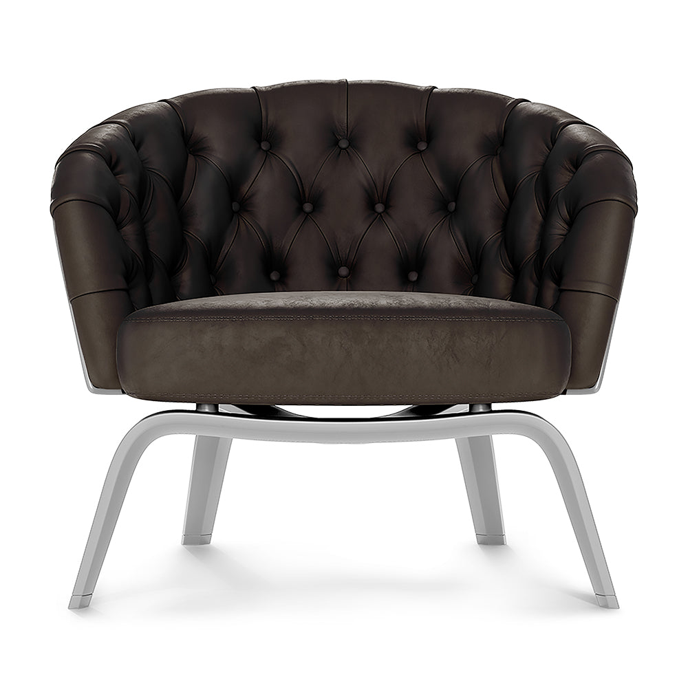 Dark brown button-tufted fabric lounge chair with rounded back and light gray metal legs.