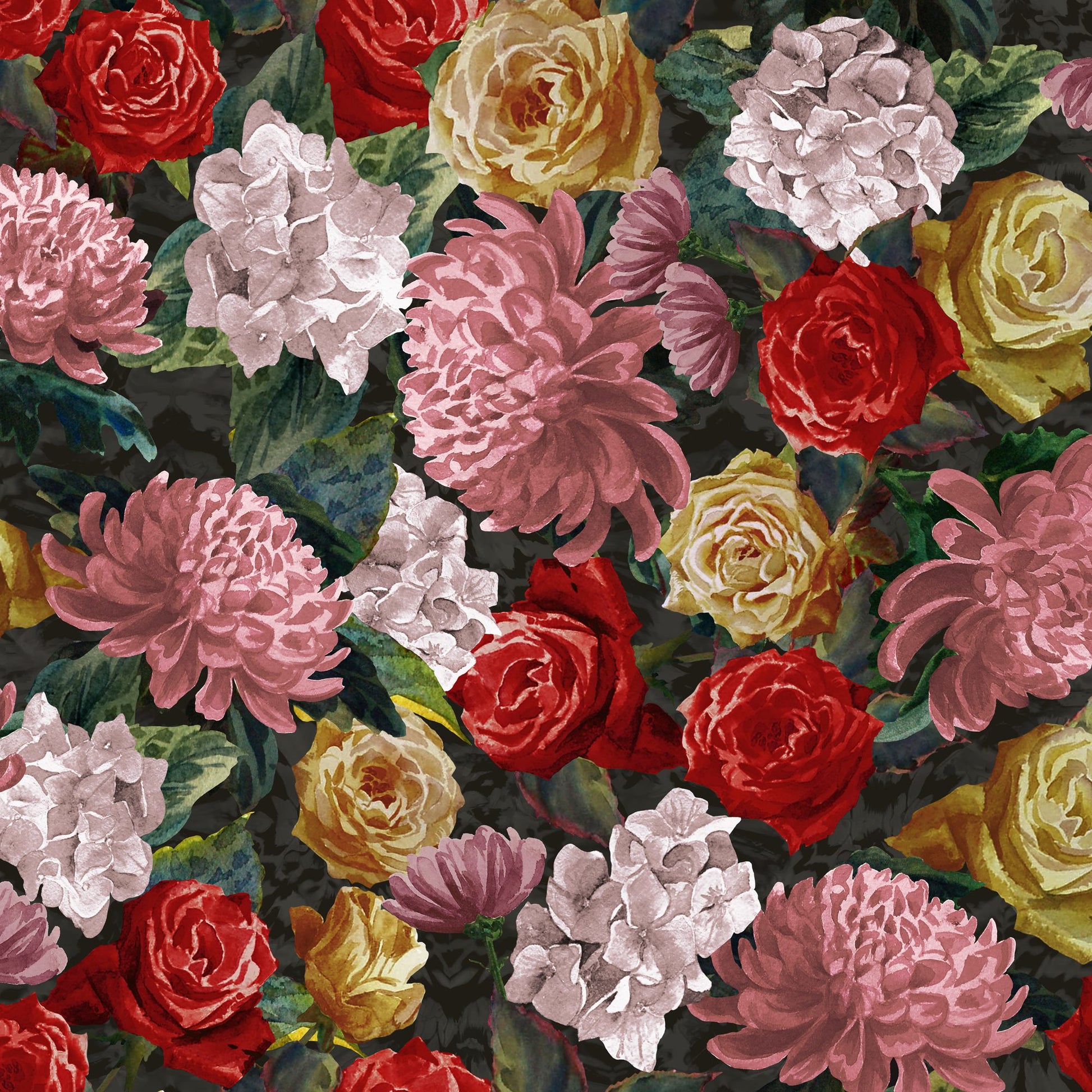Vibrant velvet floral fabric print with red and yellow roses, pink and ivory dahlias, green leaves on a dark background.