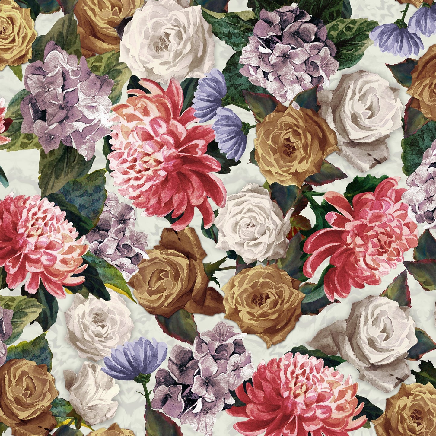 Colorful floral velvet fabric print with pink, white and cream roses, purple hydrangeas, and tan blooms; botanical tapestry style.