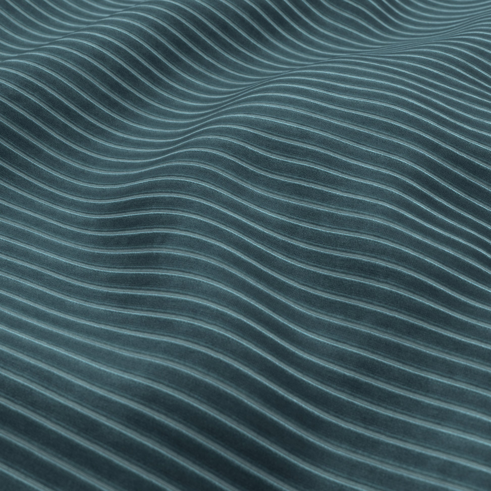 Teal fabric texture with flowing curved grooves and ribbed pattern.
