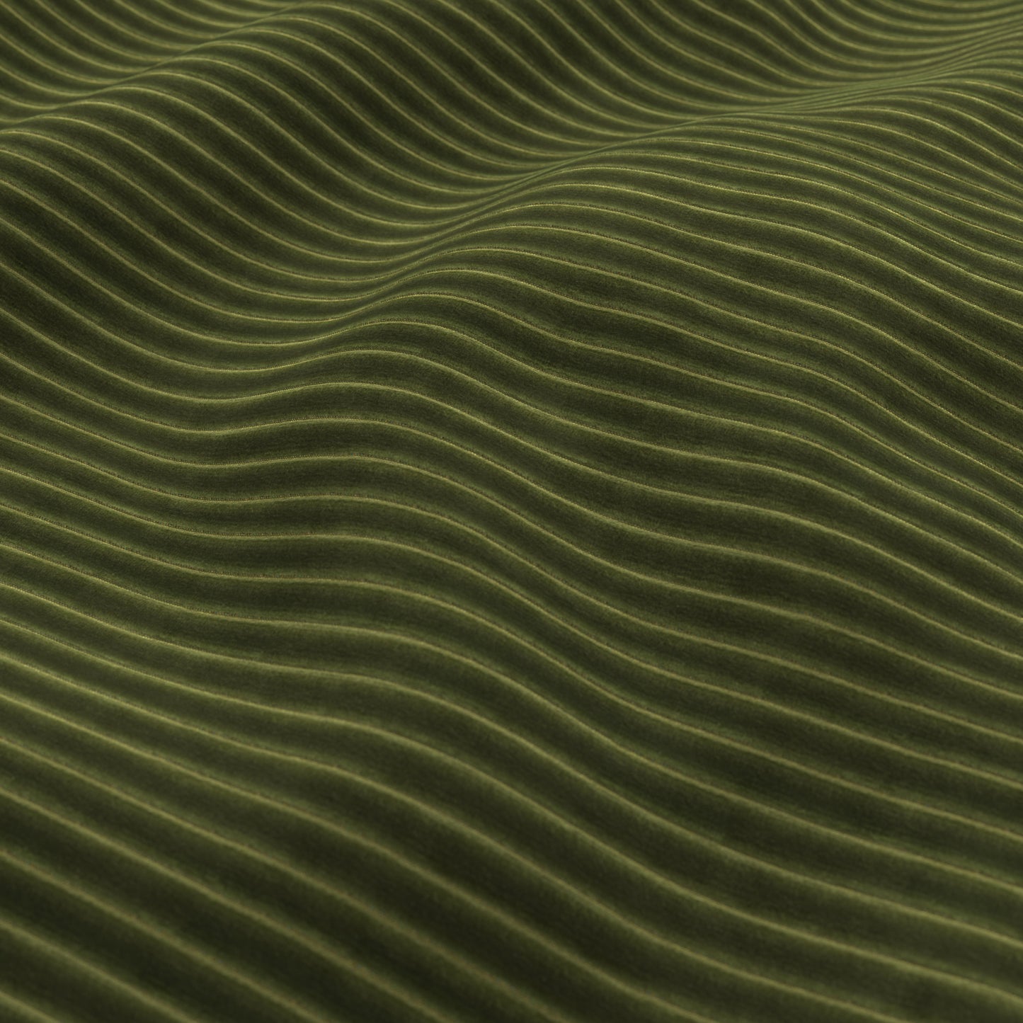 Moss green velvet & corduroy fabric texture with parallel ridges; close-up of a soft, ribbed surface.