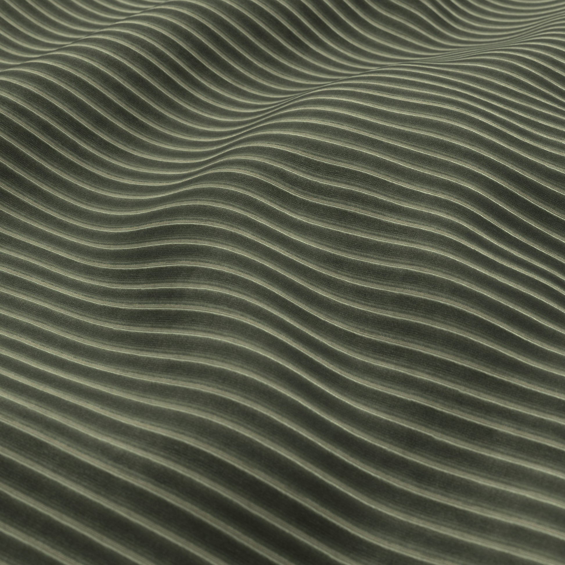 Close-up of olive-green velvet corduroy fabric texture with soft parallel ridges.