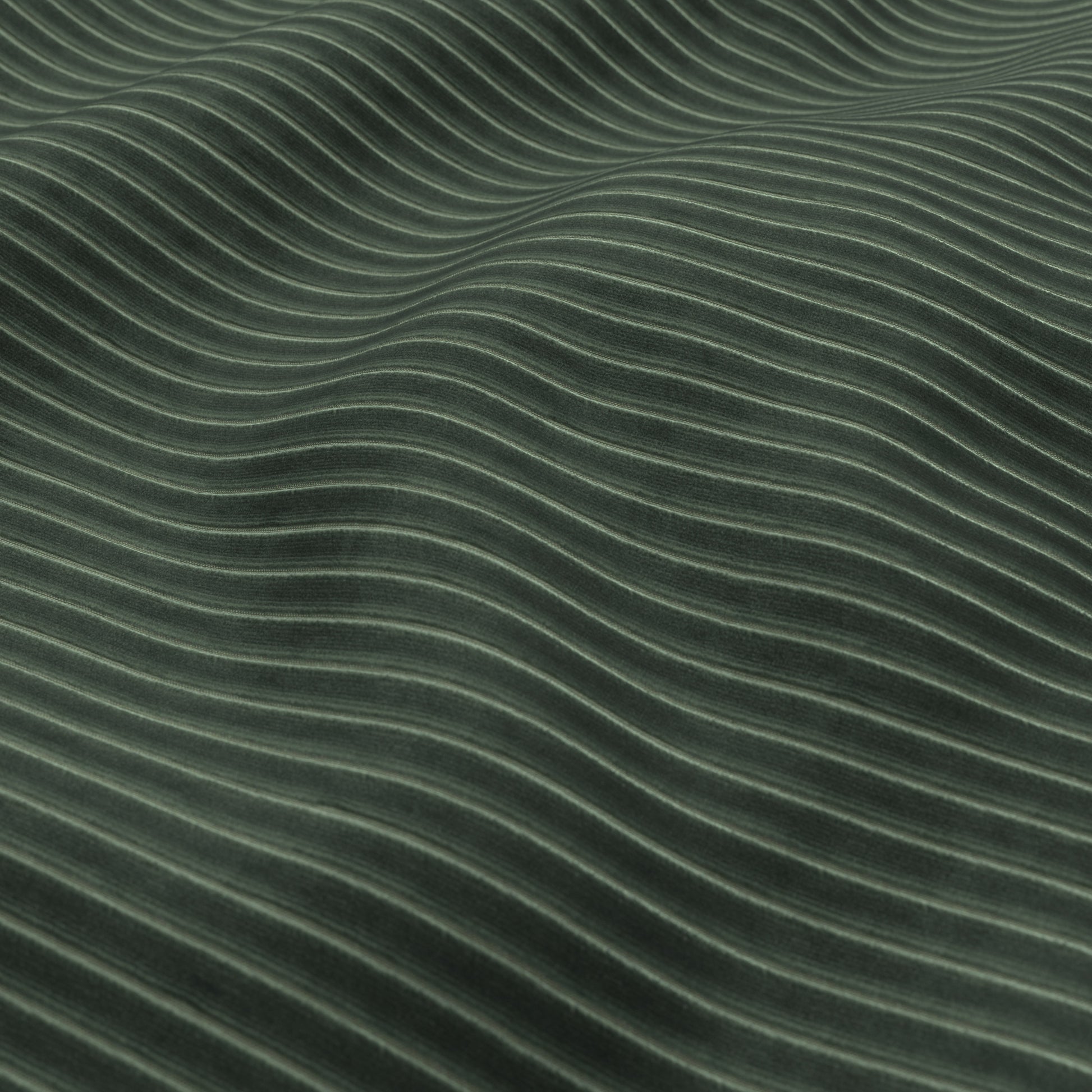 Close-up of hunter green velvet corduroy fabric texture with soft, wavy ridges.