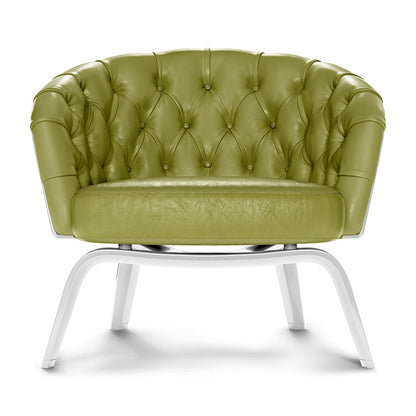 Olive green fabric lounge chair with button-tufted detailing and curved arms on a white curved-metal base.