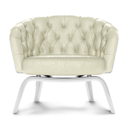 Cream tufted leather lounge chair with a buttoned back, rounded arms and plush cushion on a white curved metal frame.