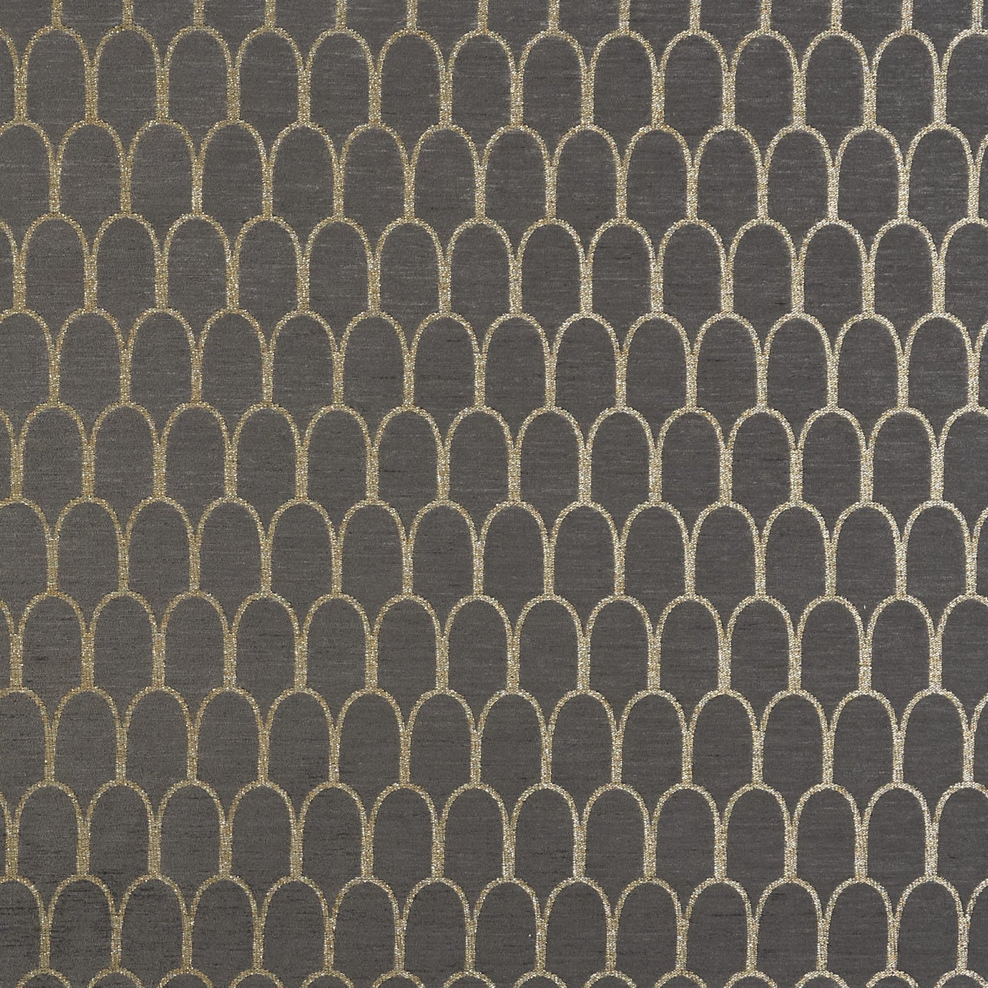 Grey chenille fabric with a repeating gold scallop arch geometric pattern and subtle glitter texture.