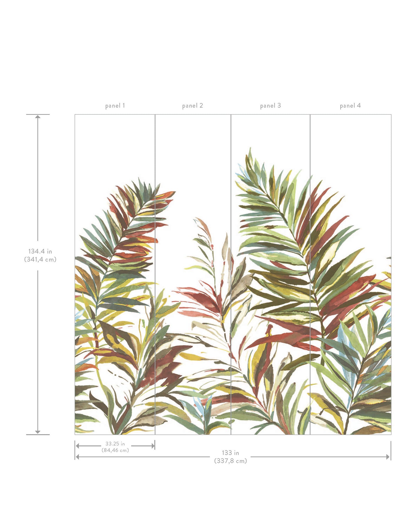 Four-panel tropical foliage wall mural with colorful palm leaves in greens, yellows, and reds; decorative multi-panel display.
