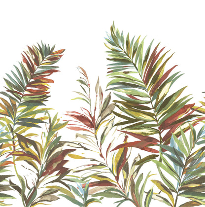 Watercolor palm leaf pattern in greens, yellows, reds and blues on white background wallpaper.