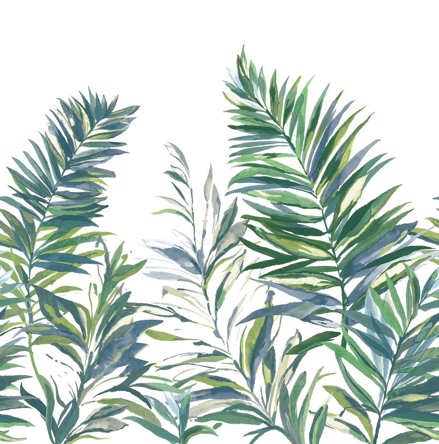 Watercolor palm fronds in greens and blue-greens on white background; tropical botanical wallpaper mural.